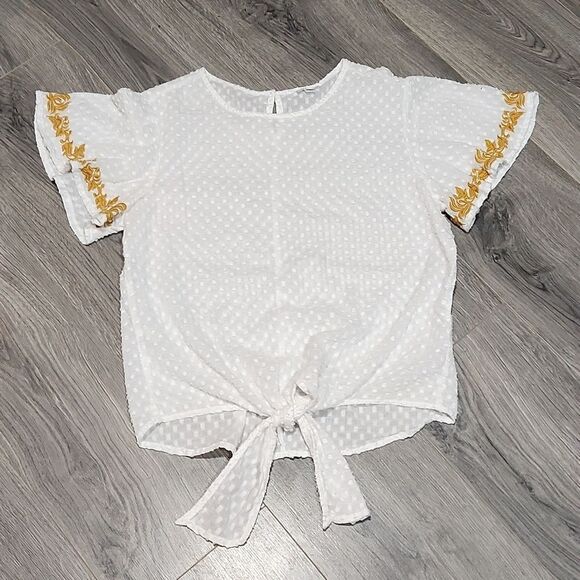 White Golden Yellow Embroidered Flutter Sleeve Tie Waist 100% Cotton Blouse - Picture 1 of 8
